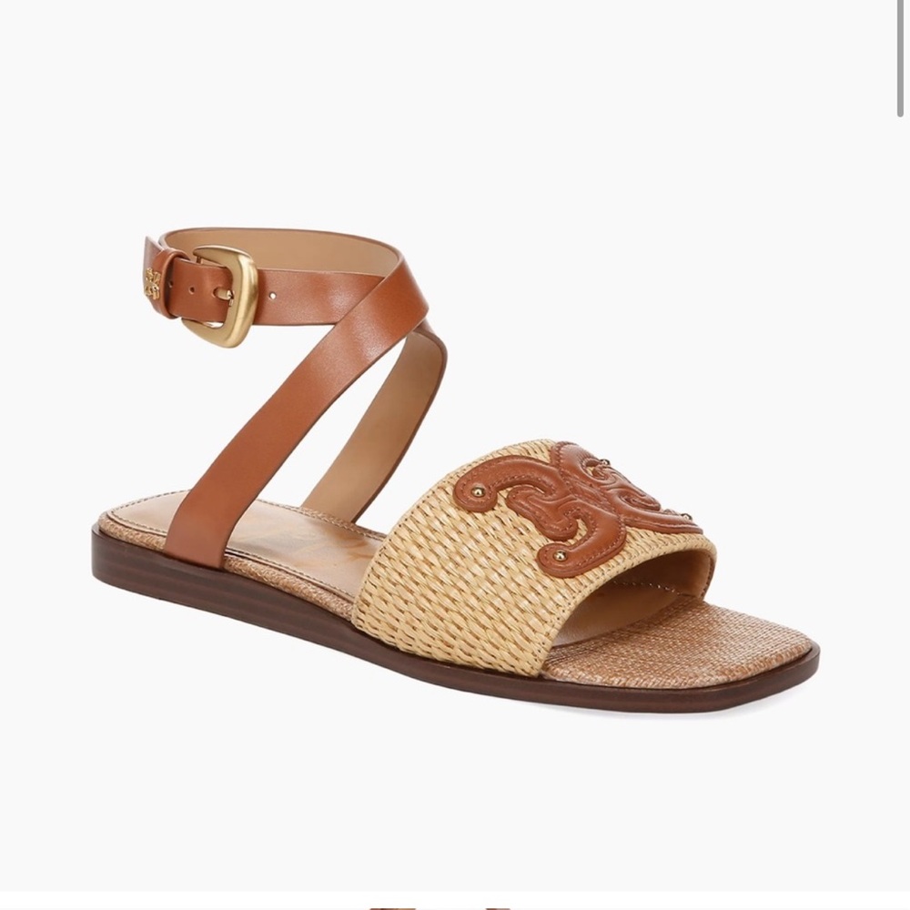 Sam Edelman Tan Leather & Natural Raffia Ankle-Strap Sandals